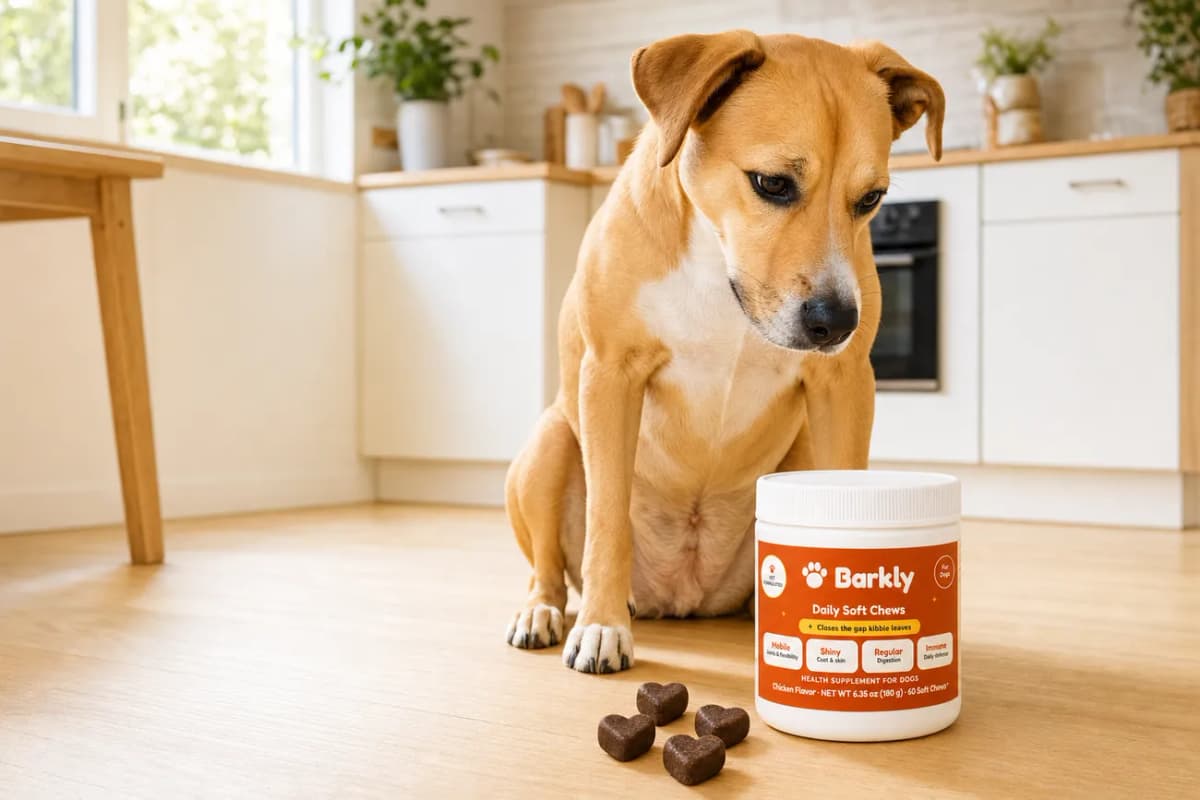 A dog beside a jar of Barkly Daily