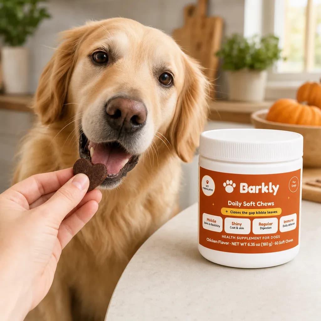 Golden retriever being offered a Barkly heart-shaped chew next to the Daily Soft Chews jar