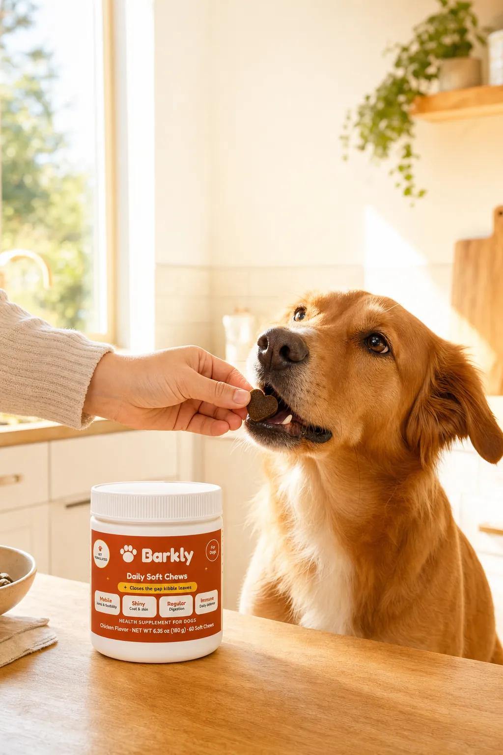 A hand offering a Barkly soft chew to an eager golden retriever in a sunny kitchen