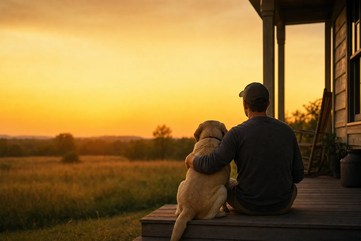 Owner and dog sitting together on porch steps at sunset