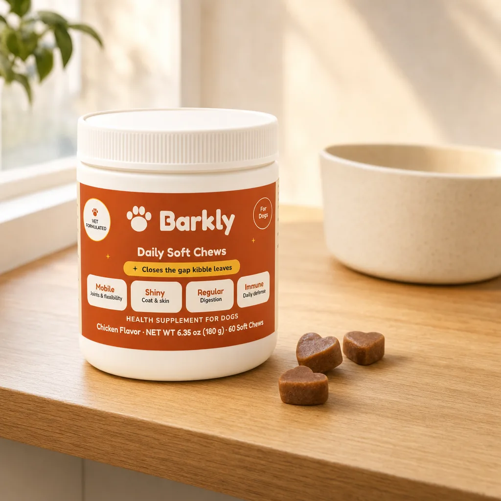 The Barkly Daily Essentials jar on a warm counter with soft chews beside it