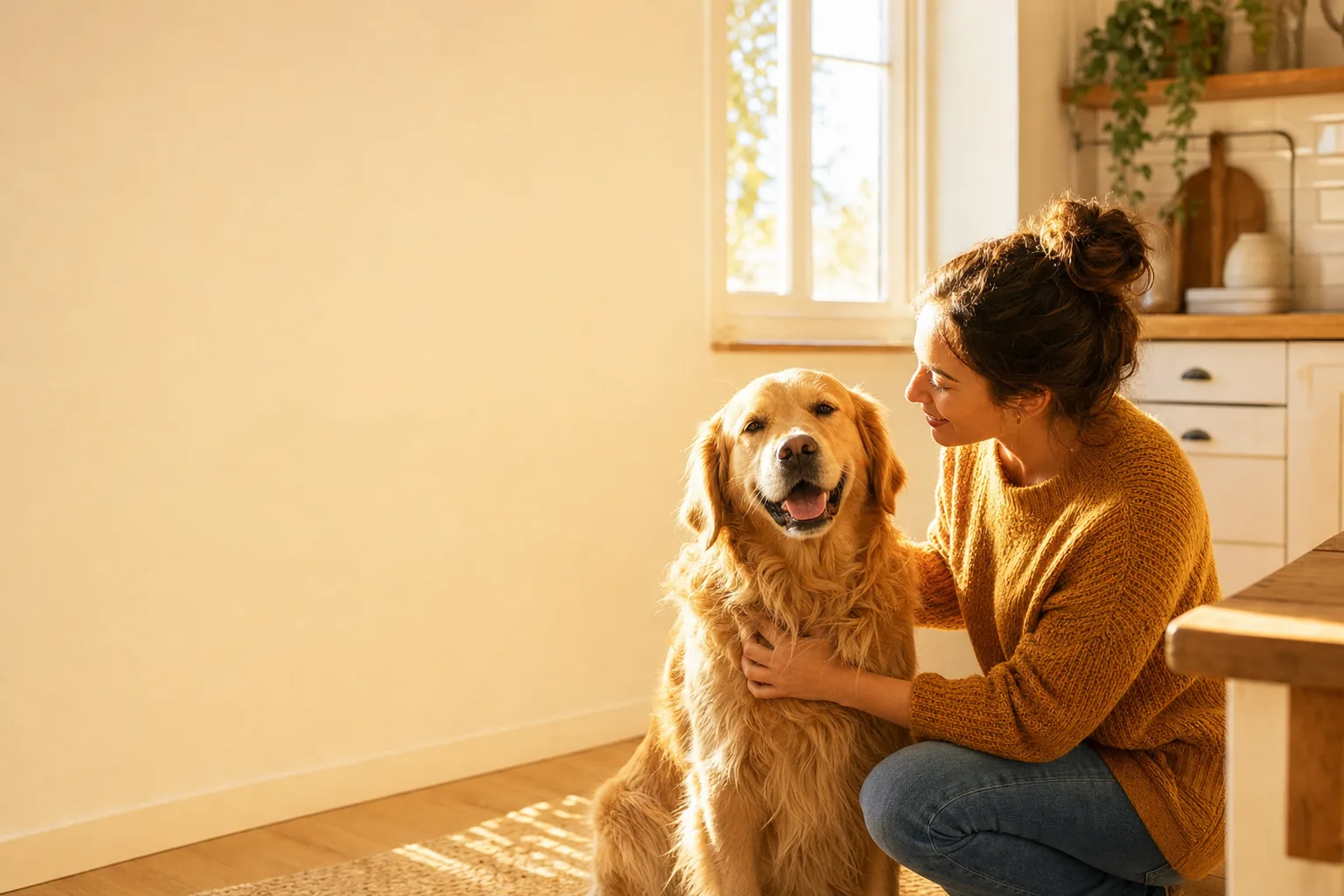 Owner kneeling beside a golden retriever in a warm kitchen with the Barkly jar on the counter